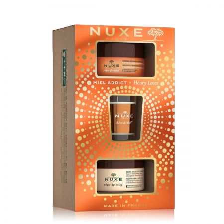 Coffret Gommage gourmand nourrissant corps + Baume-huile corps + Bougie