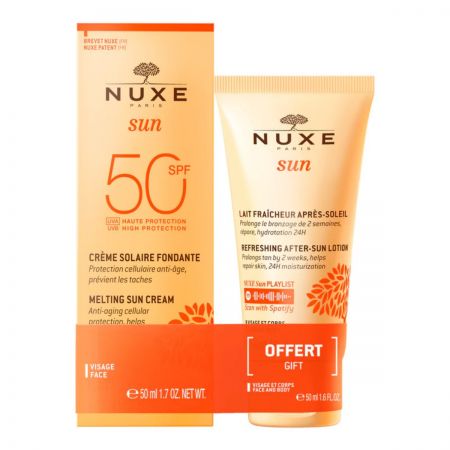 NUXE Sun - Crème solaire fondante visage SPF50 haute protection 50ml + Lait fraîcheur après-soleil visage et corps 50ml Offert